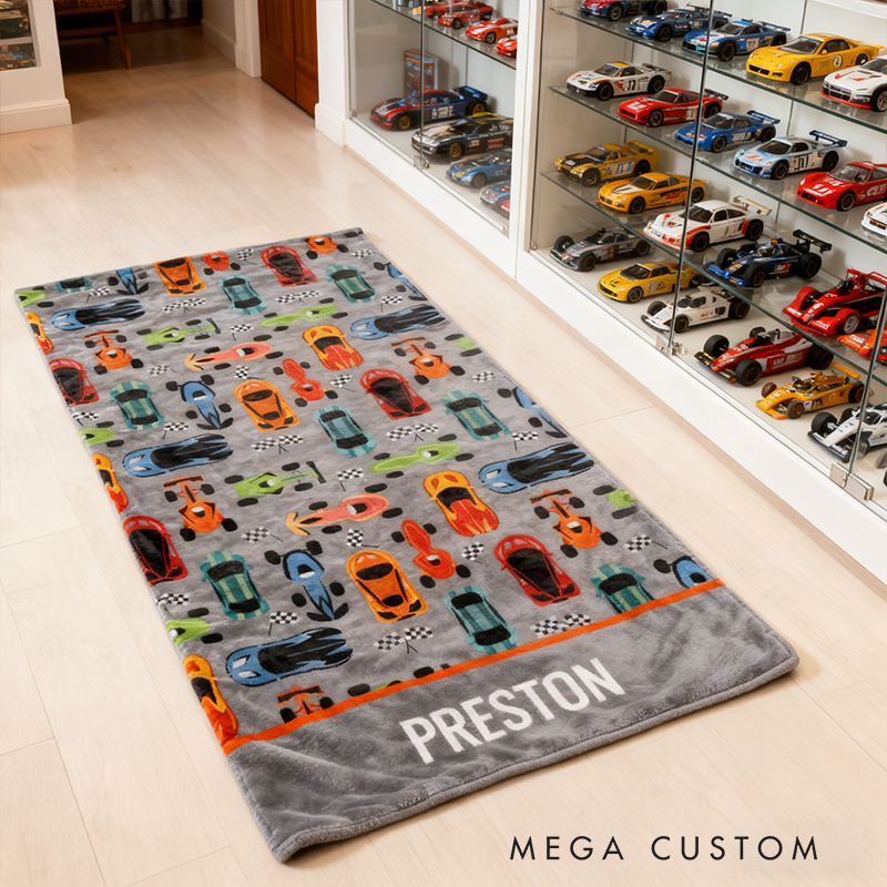 Personalized Sporty Colorful Racing Cars Personalized Blanket Custom Name Soft Fleece Throw Gift for Racing and Car Lovers