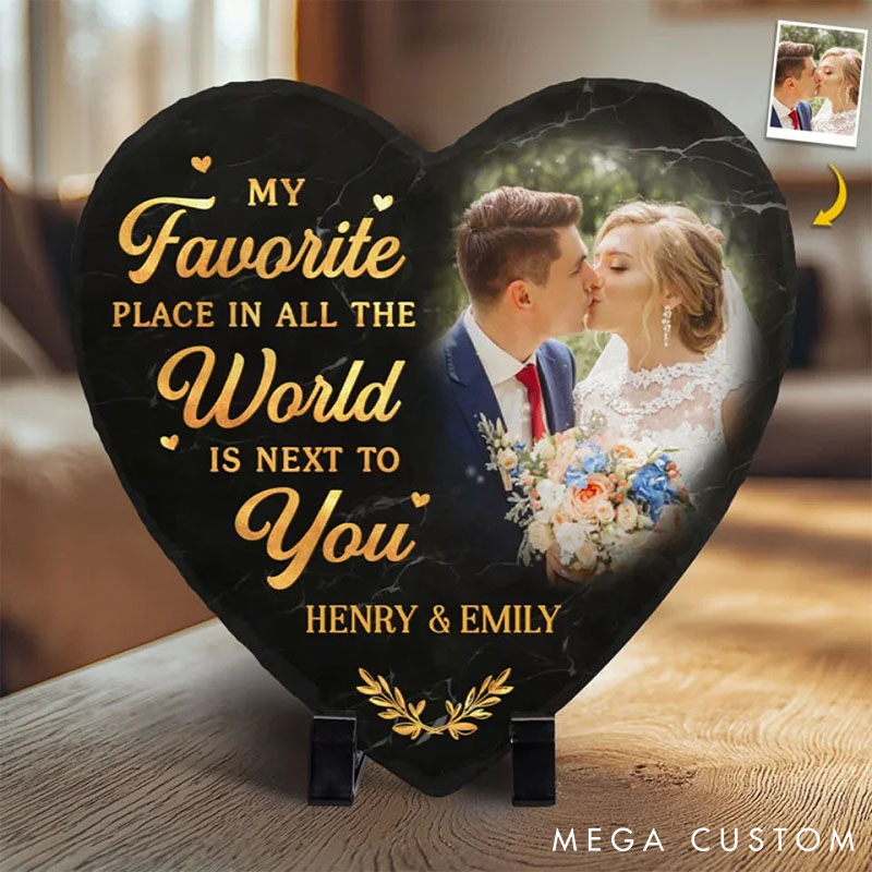 Personalized Couple Photo My Favorite Place in All the World is Next to You Heart Shaped Stone with Stand Christmas Valentines Day Gift for Him Her