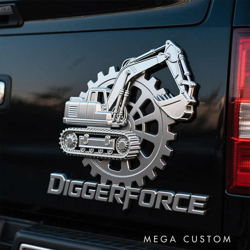 Personalized 3D Excavator & Gear Metal Emblem - Heavy Machinery Enthusiast Car Badge, Premium Truck/SUV Decal