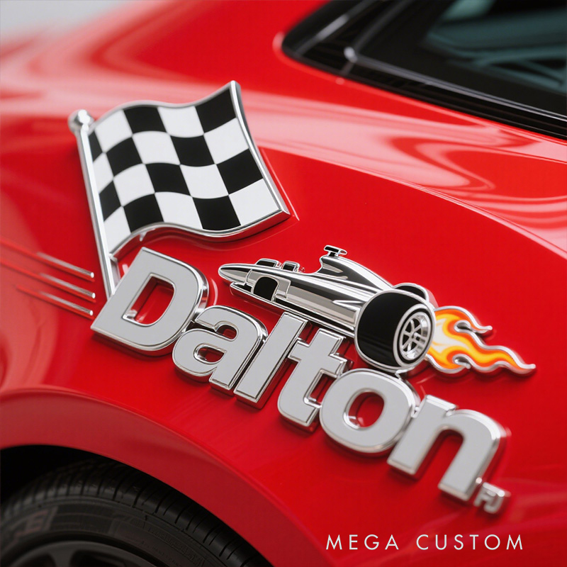 Personalized Racing Steering Wheel & Checkered Flag Metal Emblem - Custom Name Car Badge for Motorsport Enthusiasts