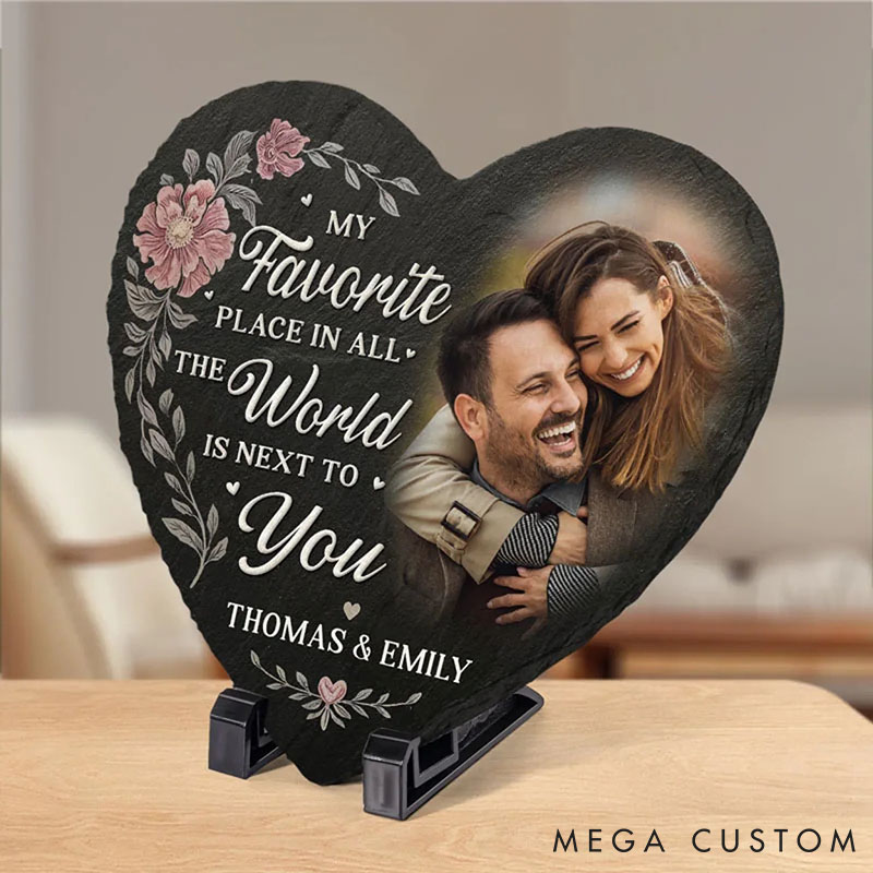 Personalized Couple Photo Floral My Favorite Place in All the World is Next to You Heart Shaped Stone with Stand Christmas Valentines Day Gift
