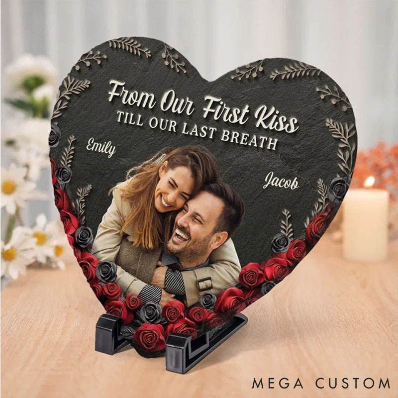 Personalized Couple Photo Rose My Favorite Place in All the World is Next to You Heart Shaped Stone with Stand Newlyweds Christmas Valentines Day Gift