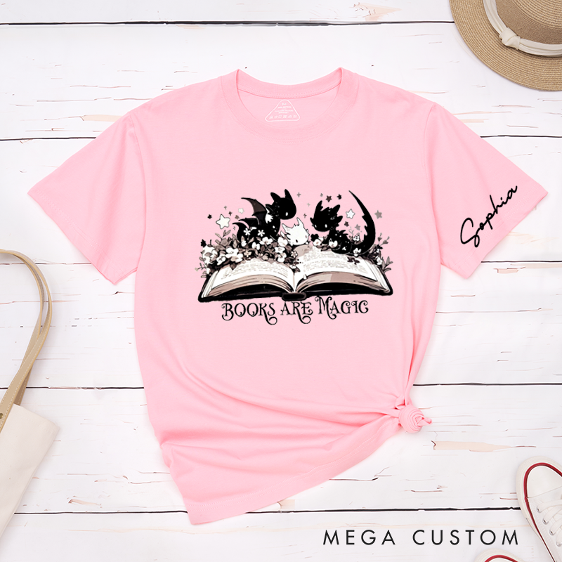 Personalized Books Are Magic Classic T-Shirts Cute Cartoon Dragon Lovers Custom Name Gift for Book Lovers Unisex Reading Tee 