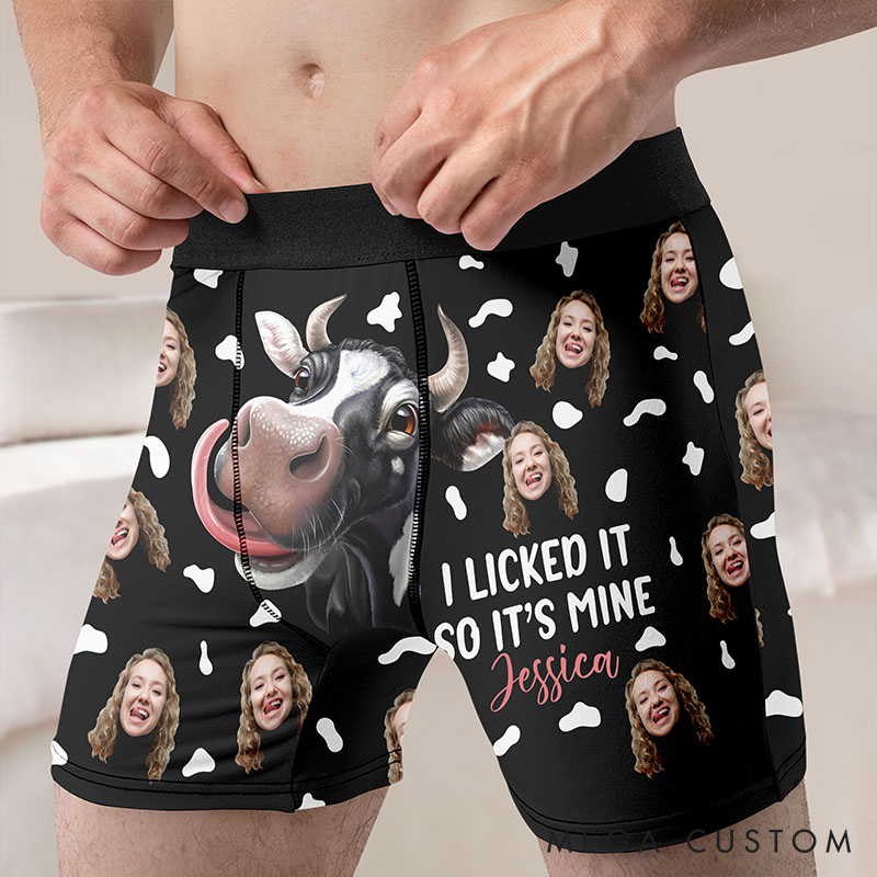 Personalized Girlfriend Wife Face I Licked It So It’s Mine Boxer Briefs Men Cow Underwear with Face Photo Valentines Day Gift for Boyfriend Husband