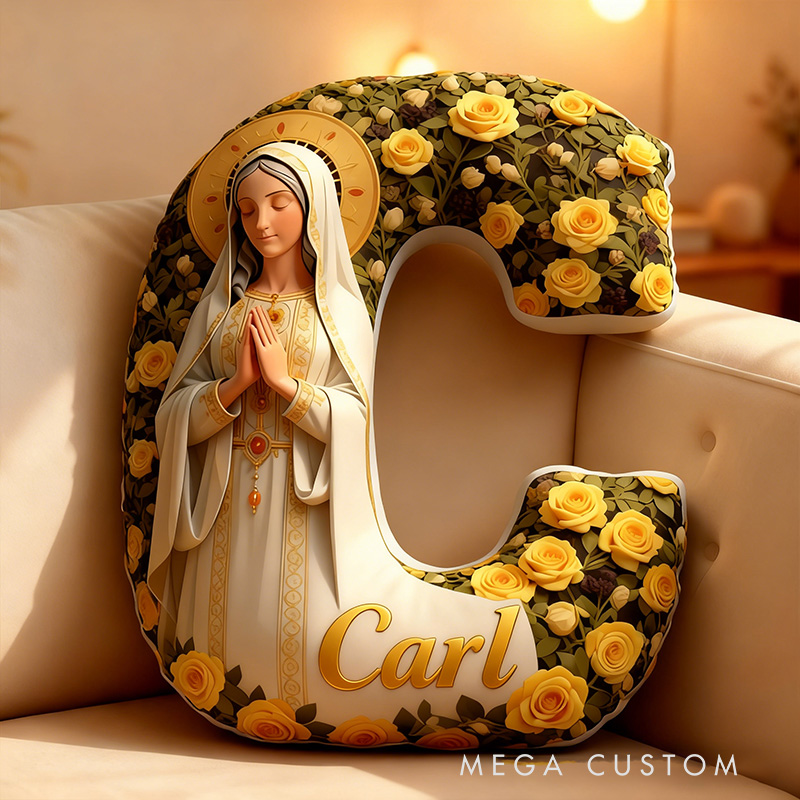 Personalized Virgin Mary Letter Pillow Graphic 3D Print Pillow with Custom Name Religious Home Decor Catholic Prayer Gift for Her Yellow Rose 