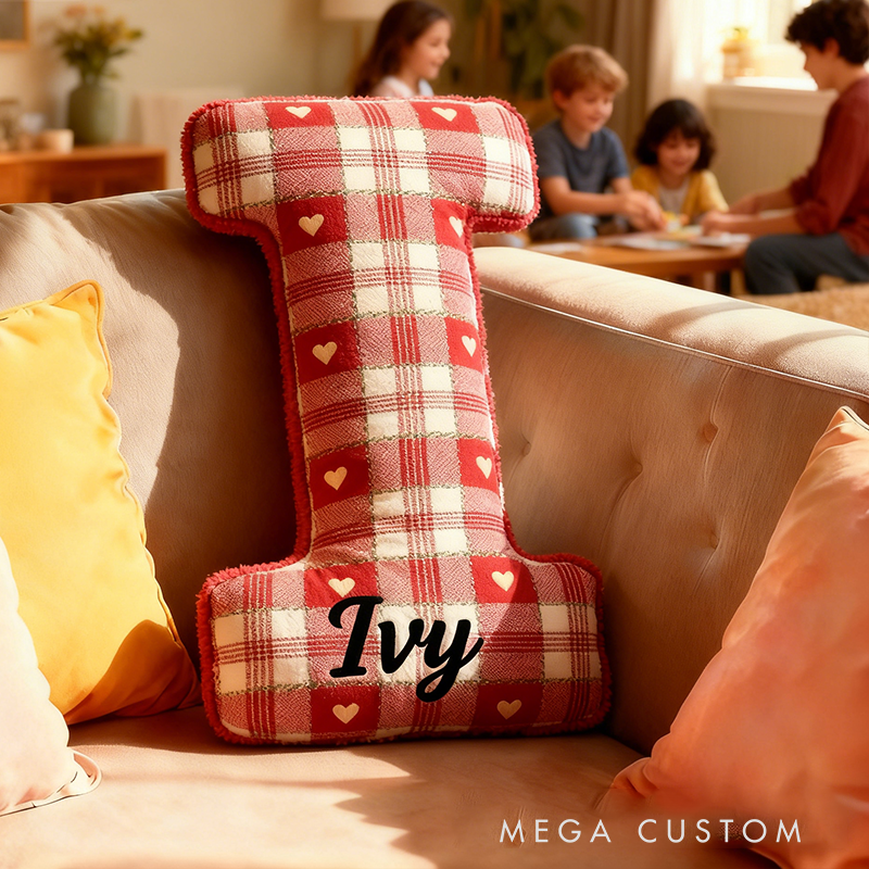 Personalized Red and White Plaid Heart Letter Pillow Custom Name Personalized Appreciation Gifts