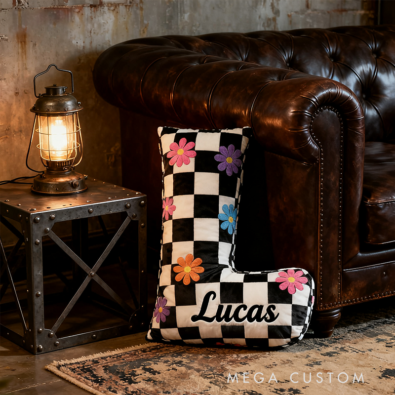 Personalized Black and White Checkered Flower Letter Pillow Custom Name Initial Decorative Appreciation Gifts