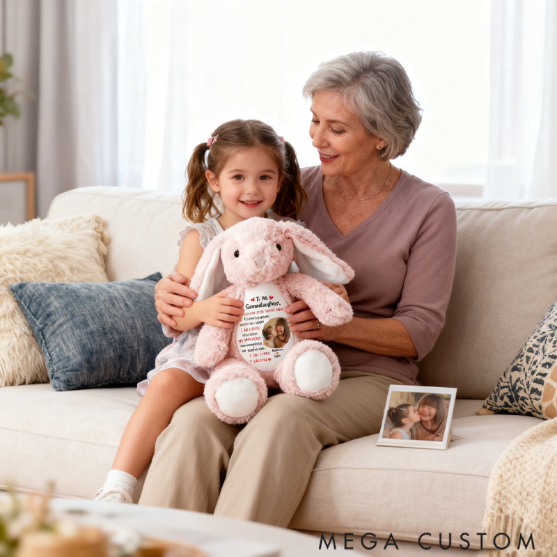 Personalized Pretty Bunny Plush Toy Custom Name Upload Photo Never Feel that You're Alone Gift for Grandma