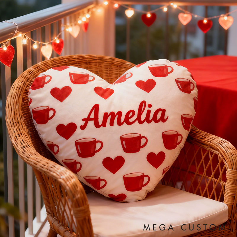 Personalized Girl friend Heart Shaped Coffee Mug Pillow Custom Couple Name Valentines Day Cushion Anniversary Date Night Gift for Her
