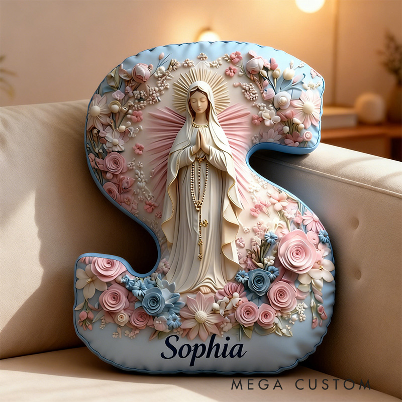 Personalized Floral Serenity of Mary Letter Pillow Graphic 3D Print Pillow with Custom Name Home Decor Religious Gift Catholic Gift for Her