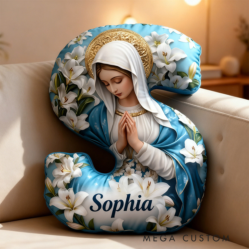 Personalized Vergin Mary with White Lilies Letter Pillow Graphic 3D Print Pillow with Custom Name Home Decor Religious Gift Catholic Gift for Her