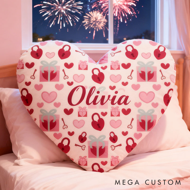 Personalized Girl friend Heart Shaped Love Lock Pillow Custom Couple Name Valentines Day Cushion Anniversary Date Night Gift for Her Wife Girlfriend