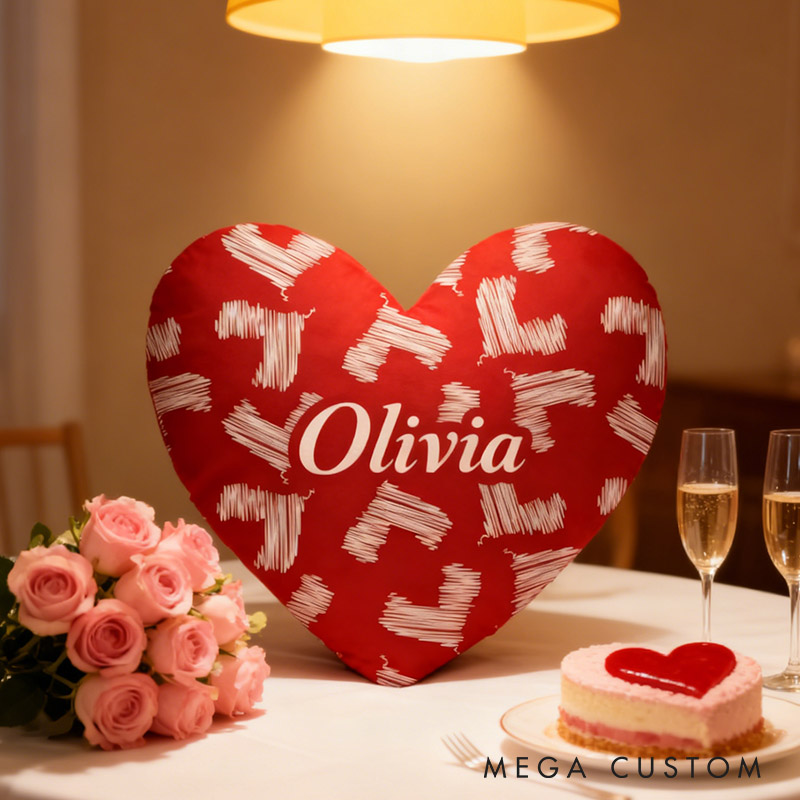 Personalized Girl friend Red Heart Shaped Pillow Custom Couple Name Valentines Day Cushion Anniversary Date Night Gift for Her Wife Girlfriend