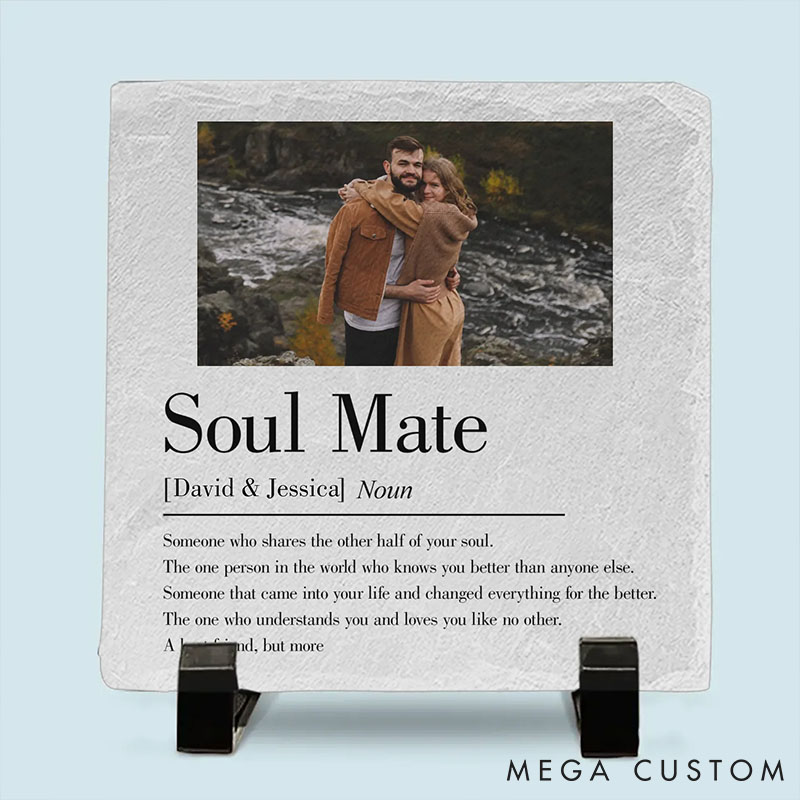 Personalized Couple Photo Soulmate Square Shaped Stone with Stand Custom Newlyweds Photo Stone Wedding Gift Christmas Valentines Day Gift for Him Her