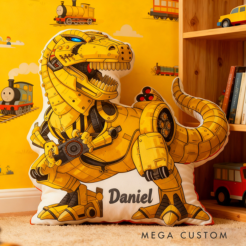 Personalized Robot Dinosaur Name Custom Soft Decorative Gift Futuristic Mechanical Style Fun Playful Cozy Boy Room Exciting Tech Power Jurassic Metal Graphic 3D Print Pillow