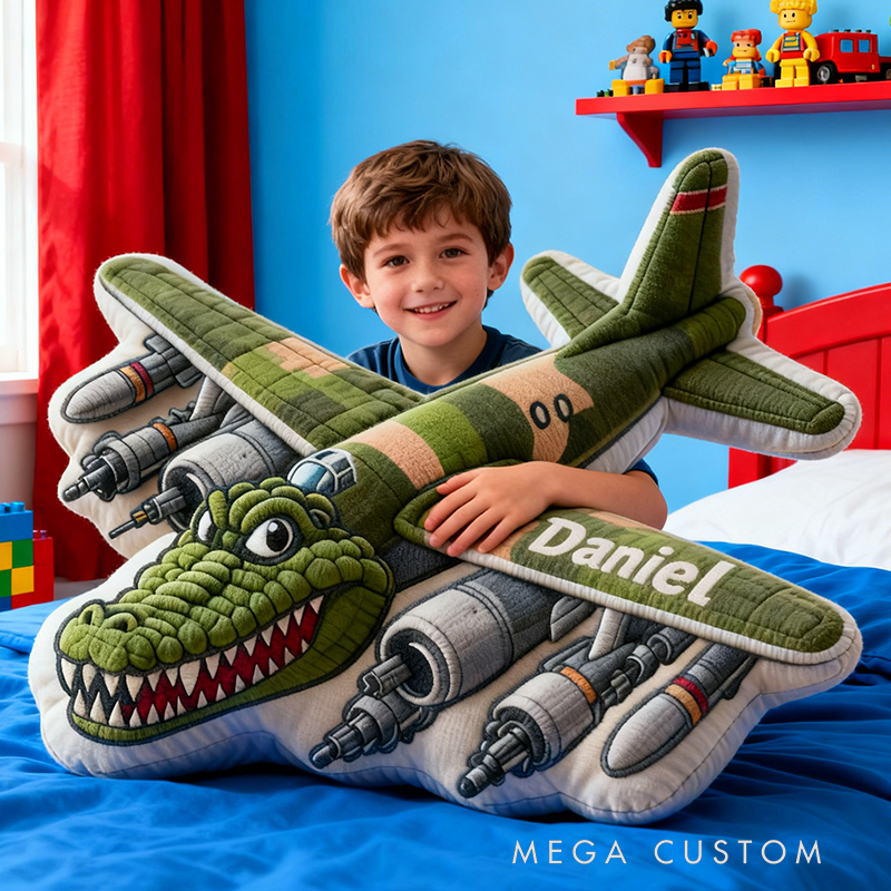 Personalized Airplane Name Custom Soft Decorative Gift Fighter Jet Adventure Style Fun Playful Cozy Boy Room Cool Aviator Sky Battle Power Wings Graphic 3D Print Pillow