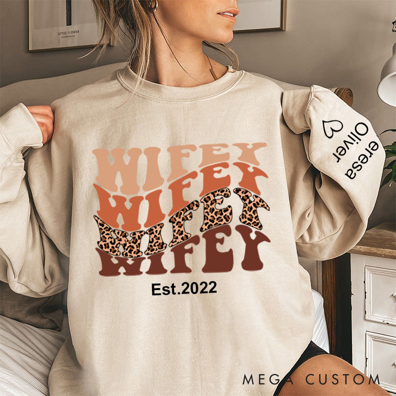 Personalized Wifey Sweatshirt Leopard Print Sweatshirt Valentine's Day Gift  for Wife Custom Anniversary Couple Sweatshirt Wifey Est Shirt