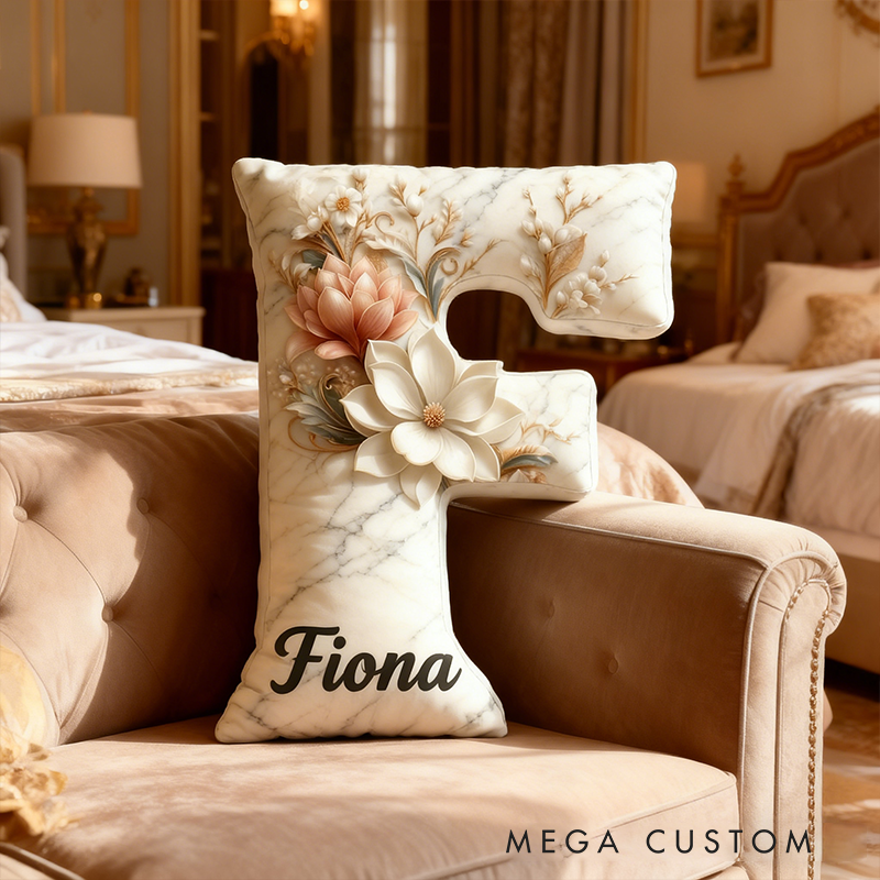 Personalized Marble Floral Letter Pillow 3D Graphic Print Custom Name and Initial Appreciation Gift