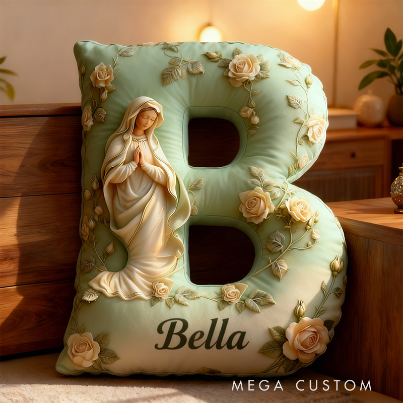 Personalized Virgin Mary Floral Letter Pillow Graphic 3D Print Pillow with Name Home Decor Religious Gift Catholic Gift for Women