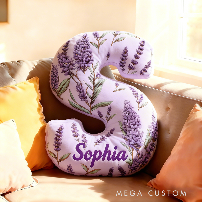 Personalized Lavender Floral Letter Pillow 3D Graphic Print Custom Name and Initial Appreciation Gifts