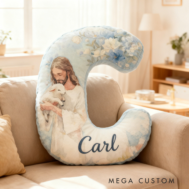 Personalized Jesus Lamb Letter Pillow with Custom Name Religious Home Decor Graphic 3D Print Pillow Christian Gift Faith Gift for Jesus Lover
