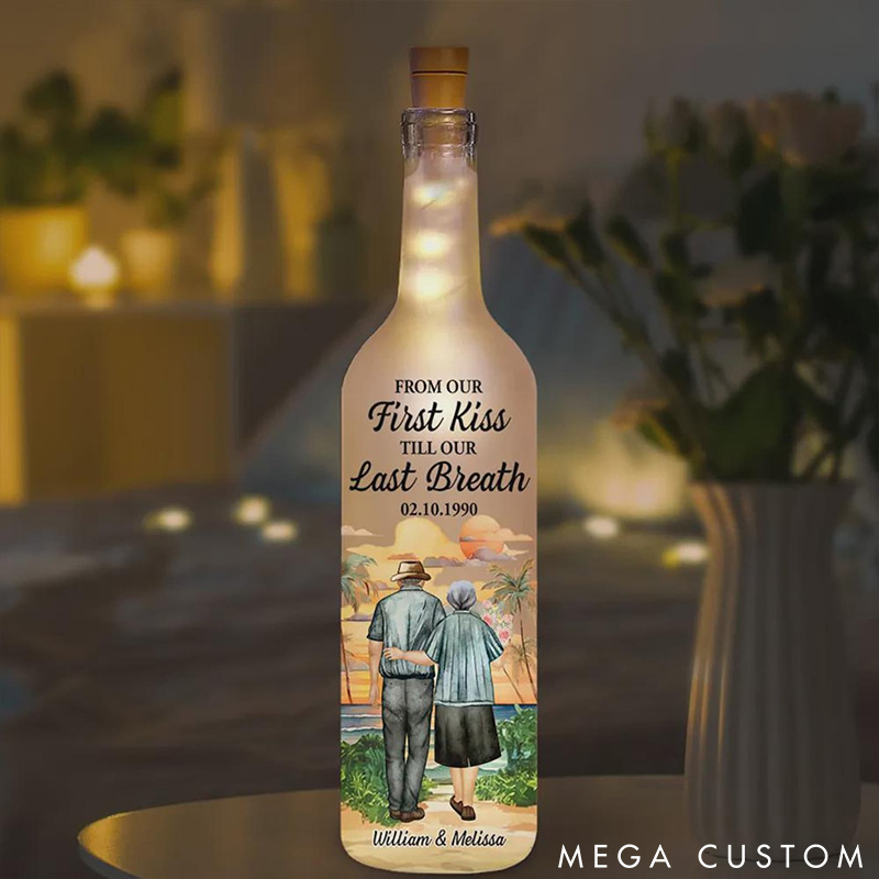 Personalized Couple Bottle Lamp Custom Couple Elderly Anniversary LED Light Bottle Gift From Our First Kiss to Our Last Breath