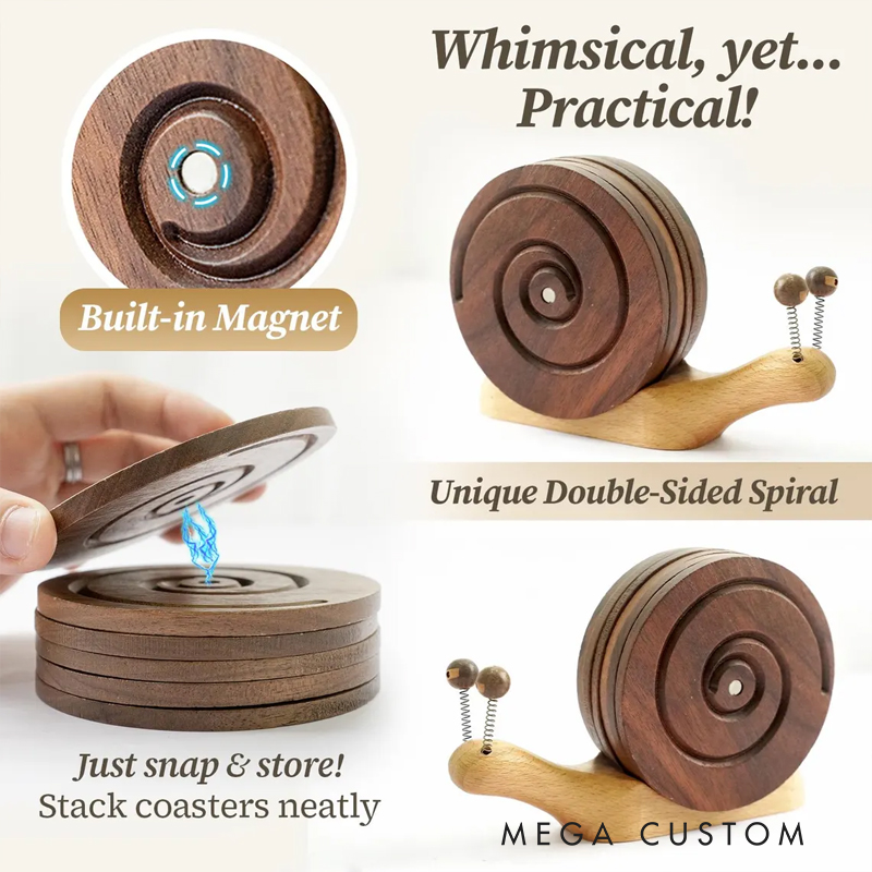 Wooden Snail Coaster Set – Handcrafted Drink Coasters with Adorable Snail Holder | Unique Home Decor & Gift Idea, Bring a touch of charm and creativity to your home with this adorable wooden snail coaster set! 