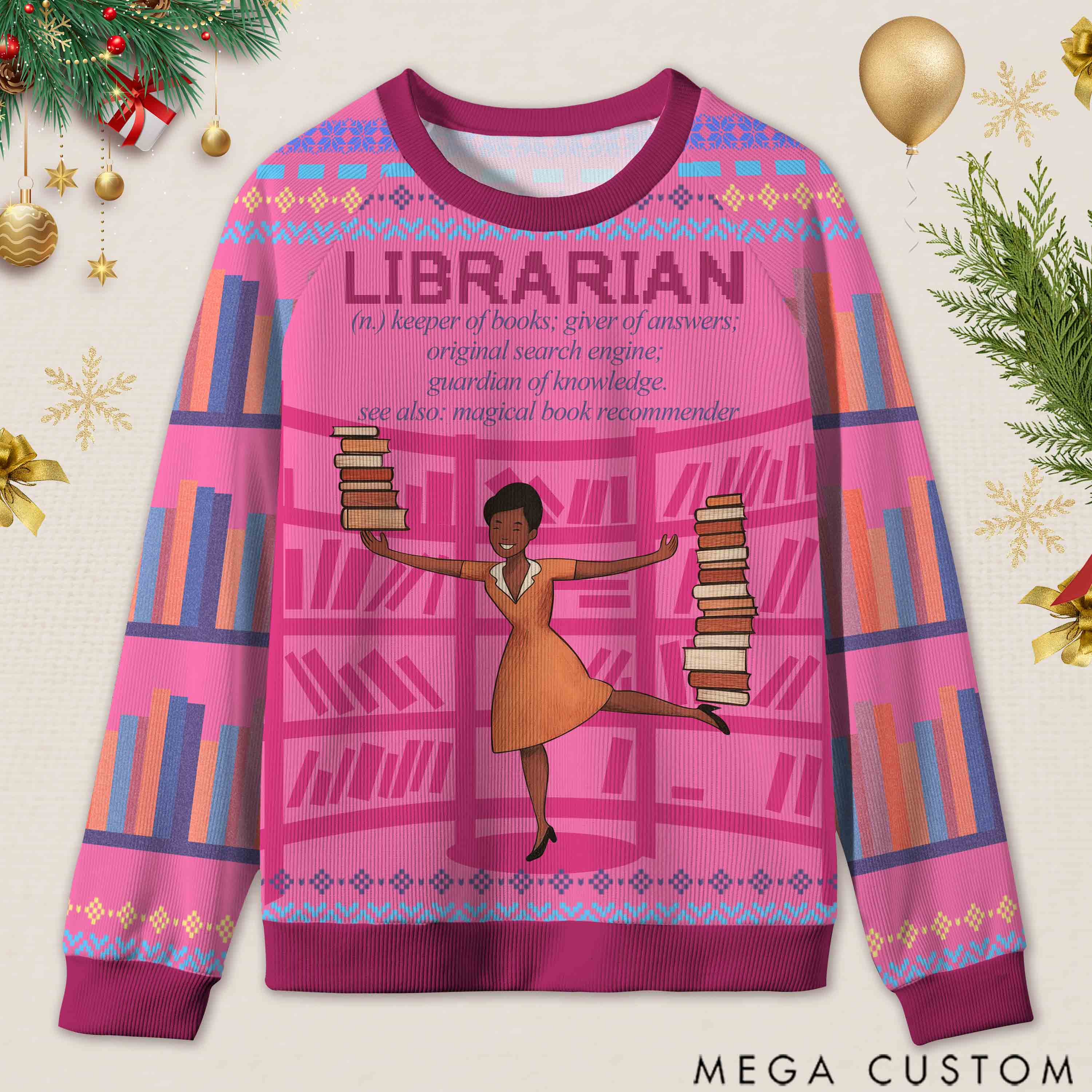 Personalized Book Lover's Dream Job Ugly Sweater Holiday Gift for Librarians