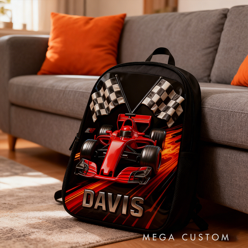 Personalized Racing Backpack Custom Name and Design with Race Car and Checkered Flag Theme Bag Perfect for Racing Fans