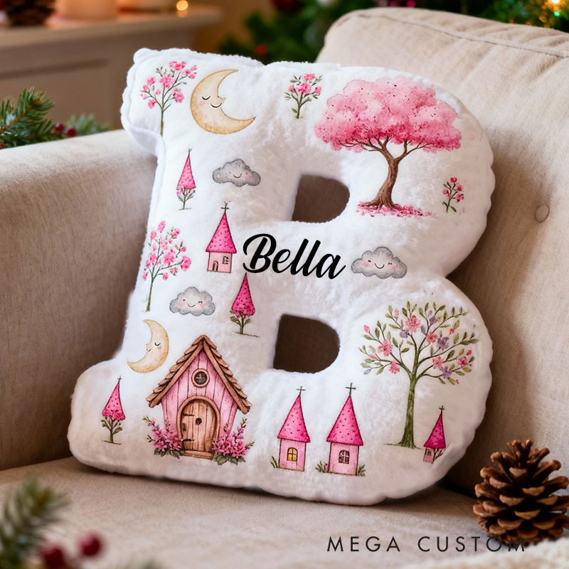 Personalized Letter Pillow Custom Enchanted Pink Castle And Nature Design Soft Cushion Magical Home Decor Perfect Gift For Kids Graphic 3D Print