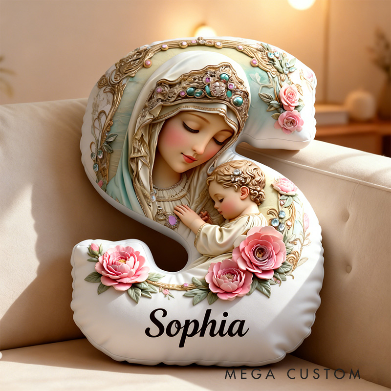 Personalized Virgin Mary Baby Jesus Letter Pillow Graphic 3D Print Pillow with Name Home Decor Religious Gift Catholic Faith Gift for Her