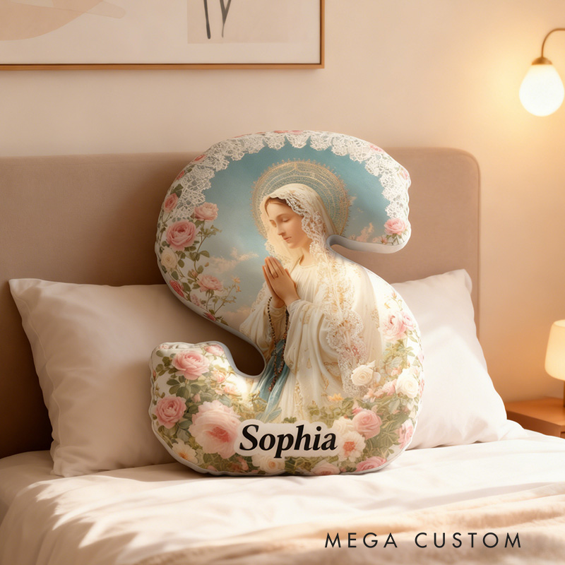 Personalized Our Lady of Grace Graphic 3D Print Letter Pillow with Custom Name Home Decor Religious Gift Catholic Faith Gift for Her