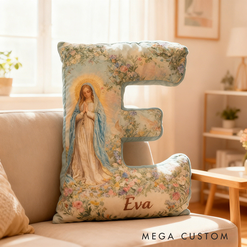 Personalized Floral Virgin Mary Graphic 3D Print Letter Pillow with Custom Name Home Decor Religious Gift Catholic Faith Gift for Her