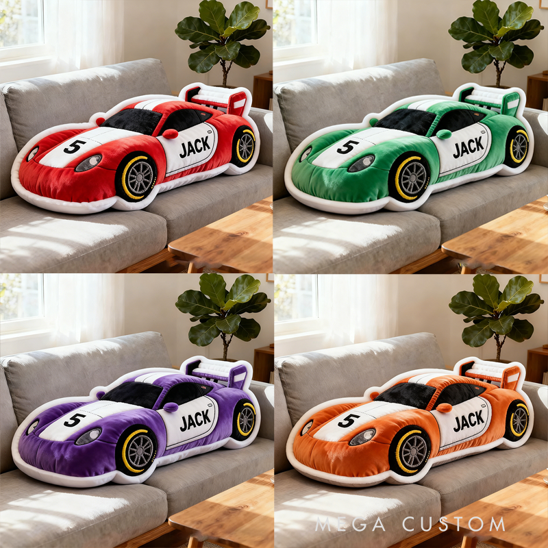 Personalized Race Car Shaped Pillow Custom Name and Number Cushion Choose Color Gift for Racing Fans 3D Graphic Print