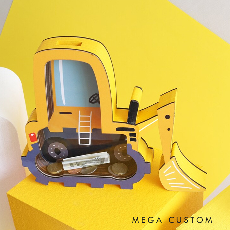 Personalized Excavator Piggy Bank, Bulldozer Custom Name Money Box, Tractor Piggy Banks for Boys Personalized, Construtction Vehicle, Digger
