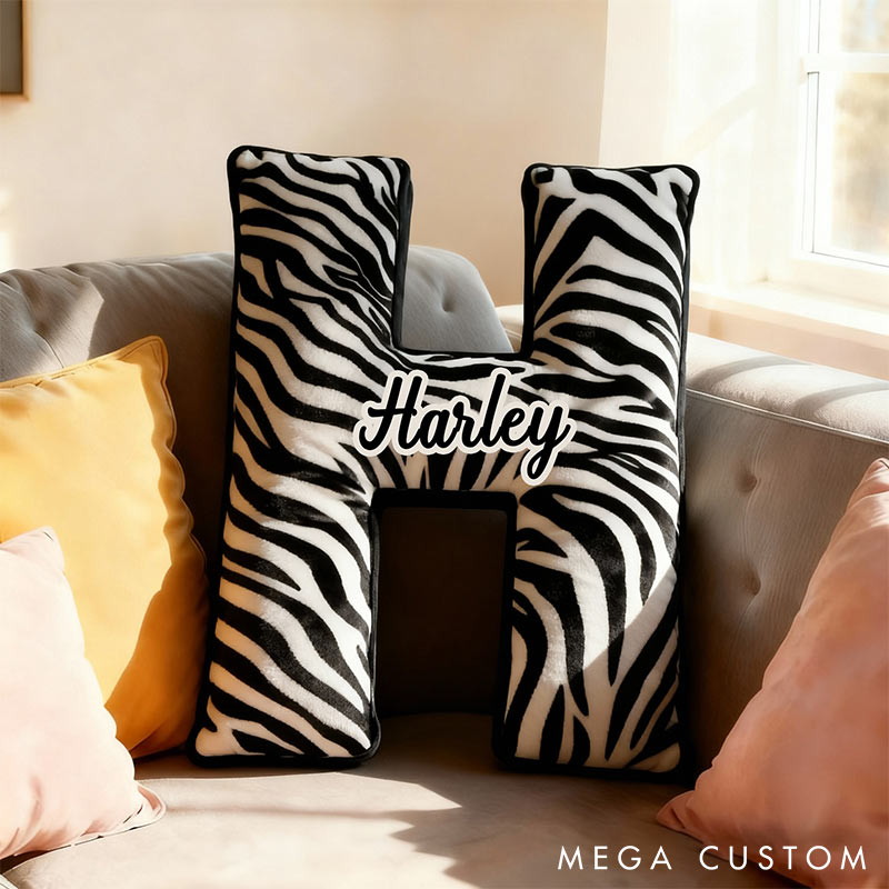 Personalized Zebra Print Letter Pillow Initial Throw Pillow Custom Holiday Home Decor Letter Pillow for Couple for Her Him