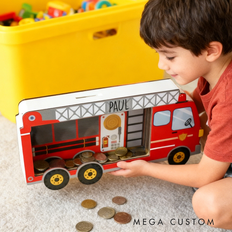 Personalized Fire Truck Piggy Bank, Custom Name Money Box, Fire Truck Piggy Banks for Boys Personalized, Construction Vehicle, Fire Truck