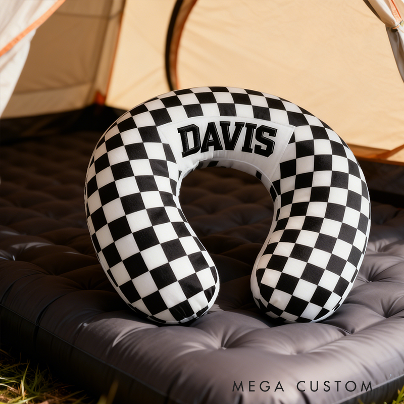 Personalized Racing Checkered Flag Travel Neck Pillow Custom Name U‑Shape Cushion for Racers and Racing Enthusiasts