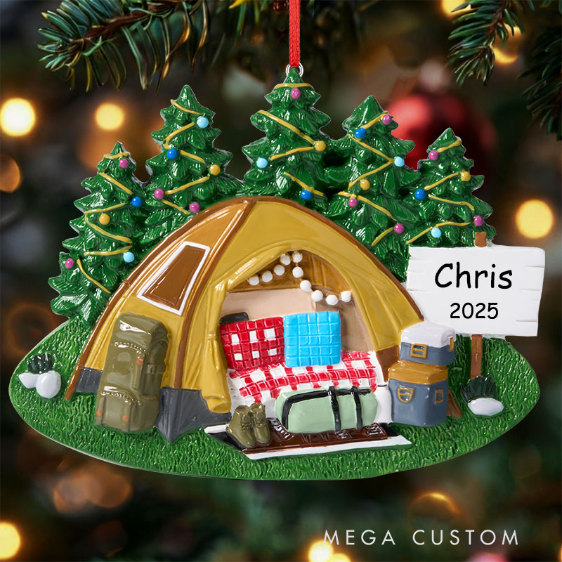 Tent Camping Personalized Ornament Family Vacation Hand Personalized Christmas Ornament