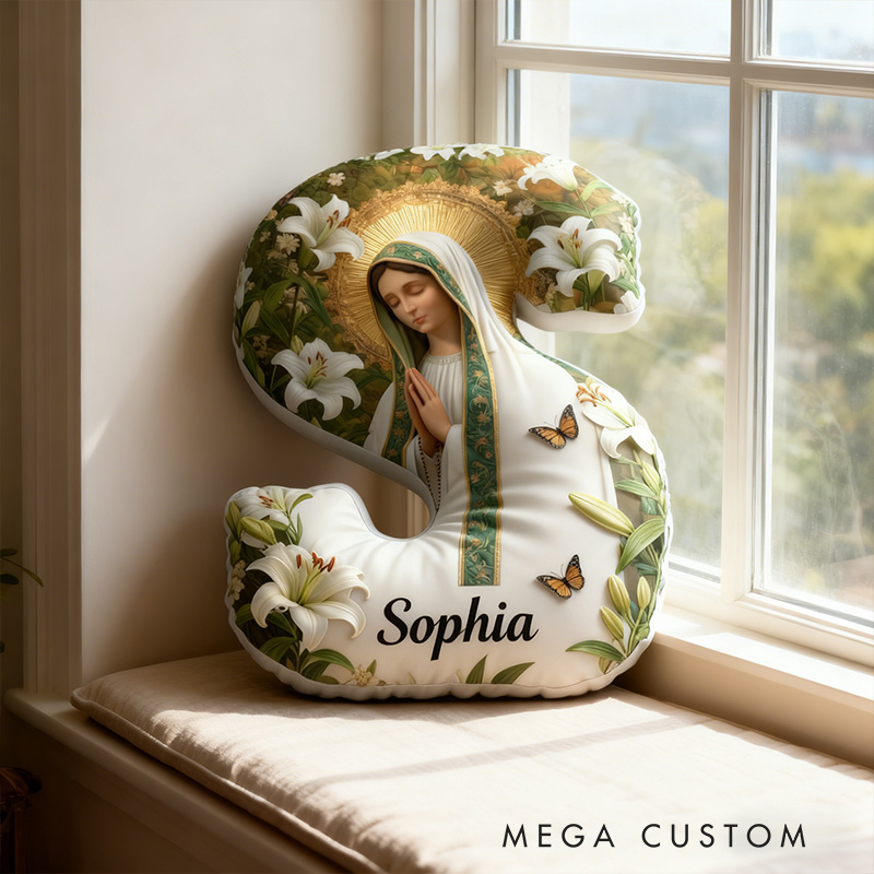 Personalized Virgin Mary White Lilies Letter Pillow with Custom Name Religious Home Decor Catholic Gift for Her Graphic 3D Print Pillow