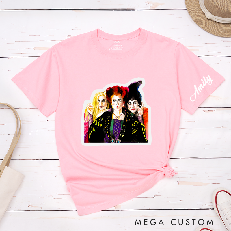 Personalized Vintage Witches Illustration Classic T-Shirts Unique Halloween Costume Gift for Men Women Friends Custom Name Magical Group Artwork Tee