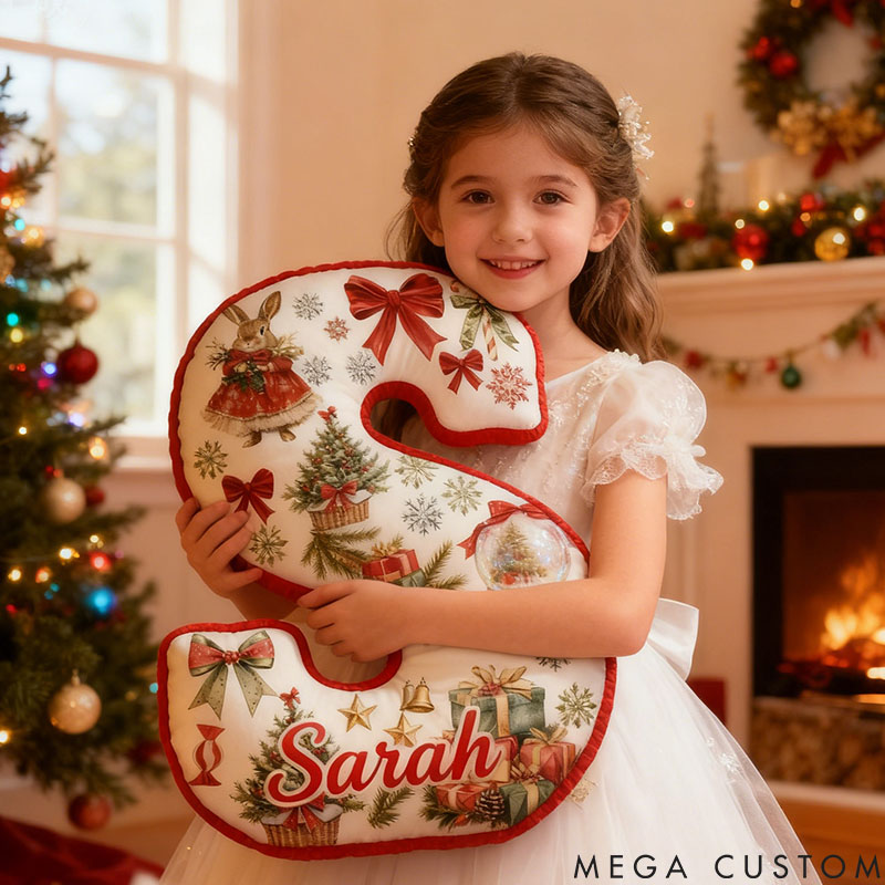 Personalized Girl friend Christmas Rabbit 26 Letters Pillow Custom Red Bow Bunny Graphic 3D Printed Alphabet Initials Cushion Christmas Gift for Her