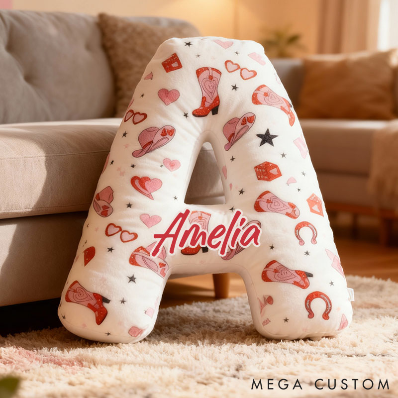Personalized Pink Western Cowgirl Letter Pillow Custom Pink Valentine Gift Throw Pillow for Girlfriend Pink Cowgirl Boots Horseshoe Pillow for Her