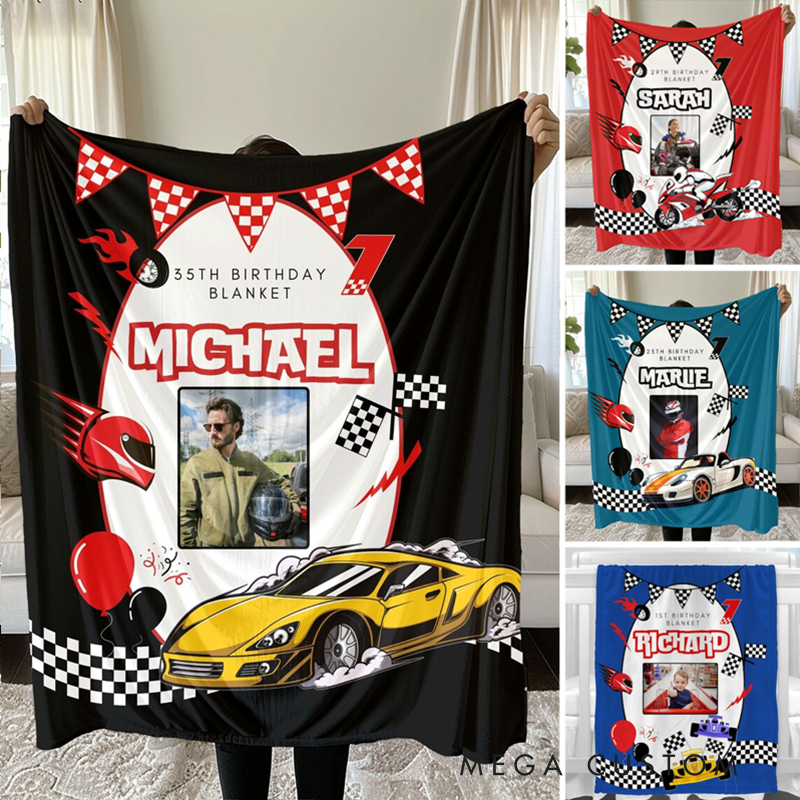 Personalized Birthday Racing Blanket Custom Name and Year Blanket Gift for Racer and Racing Lovers
