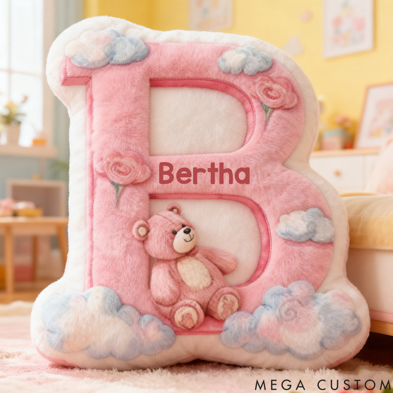 Personalized Flower Girl Pink Bear and Cloud 26 Letters Pillow Custom Girl friend Graphic 3D Printed Alphabet Initials Cushion Birthday Gift for Her