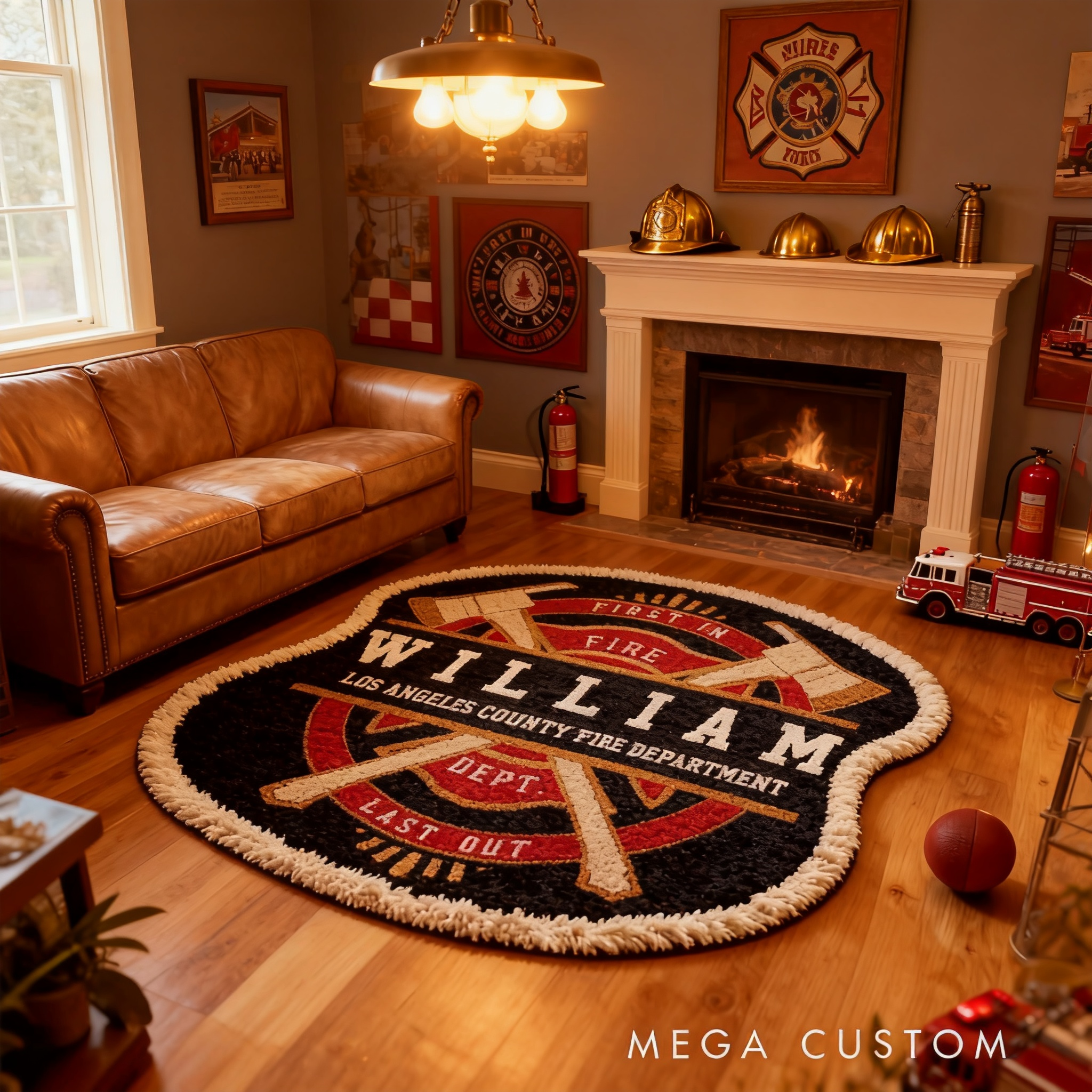 Personalized Firefighter Badge Rug Custom Name and Department Logo Carpet Gift for Firefighters and Hero Families