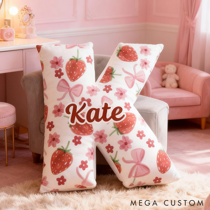 Personalized Rosette Strawberry Letter Pillow Initial Throw Pillow Custom Holiday Home Decor Letter Pillow for Flower Girl for Girl friend