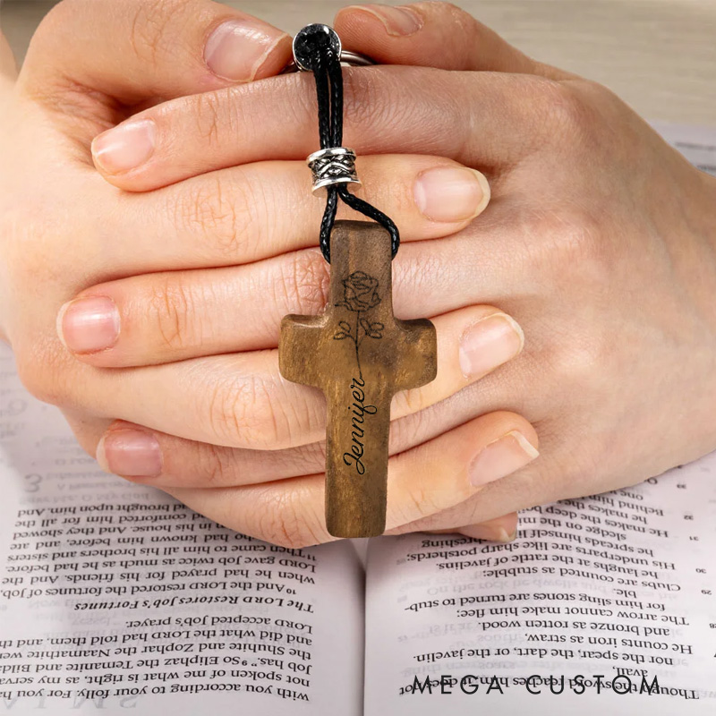 Personalized Wooden Cross Heart Keychain with Birthflower and Name Engraving Religious Gift Birthday Gift for Christians