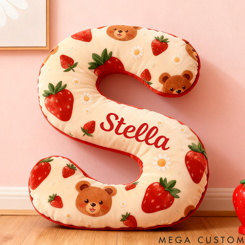 Personalized Girl friend Bear and Strawberry 26 Letters Pillow Custom Girlfriend Graphic 3D Printed Cushion Valentines Day Christmas Gift for Her