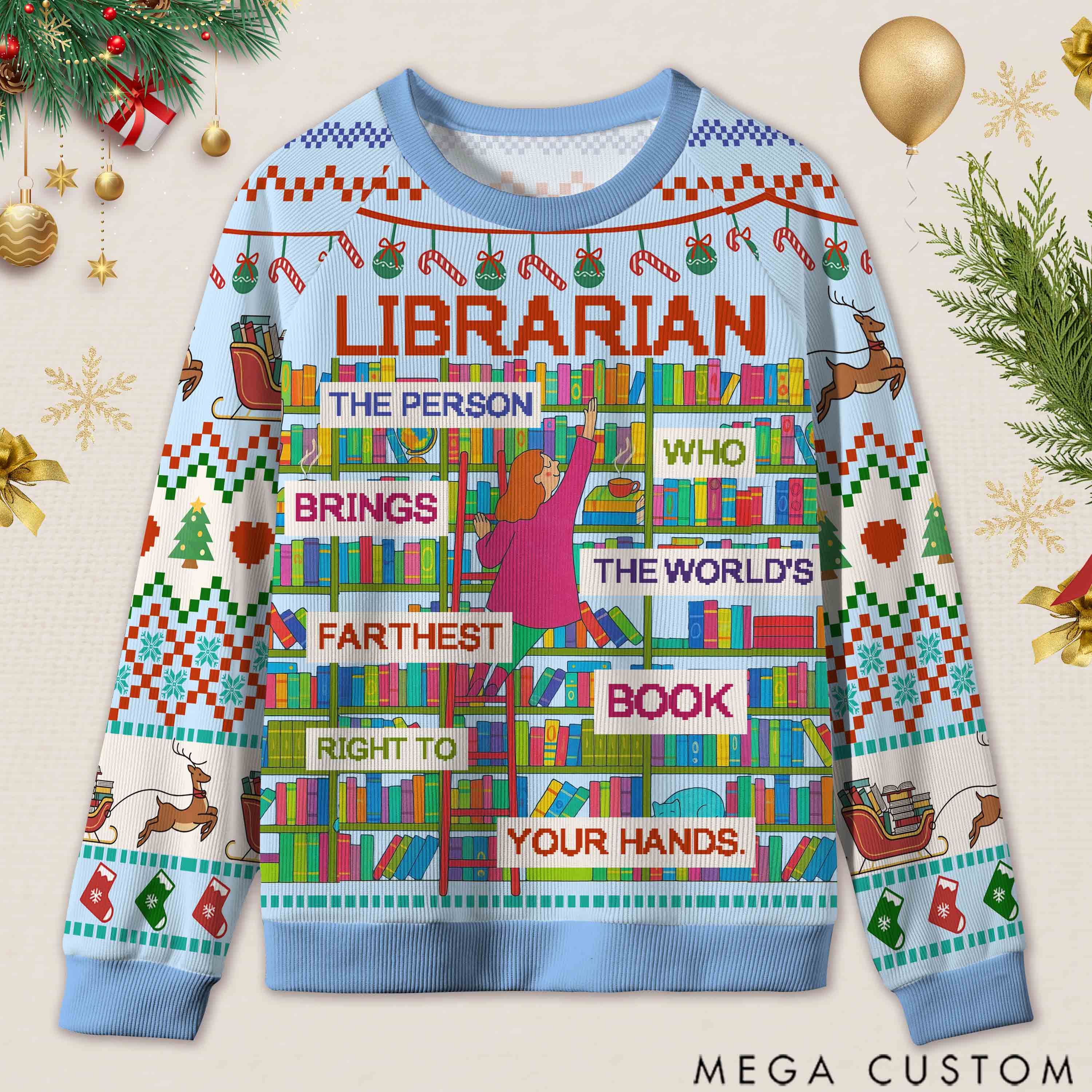 Personalized Book Lifting Workout Humor Ugly Sweater Office Holiday Party Gift for librarian